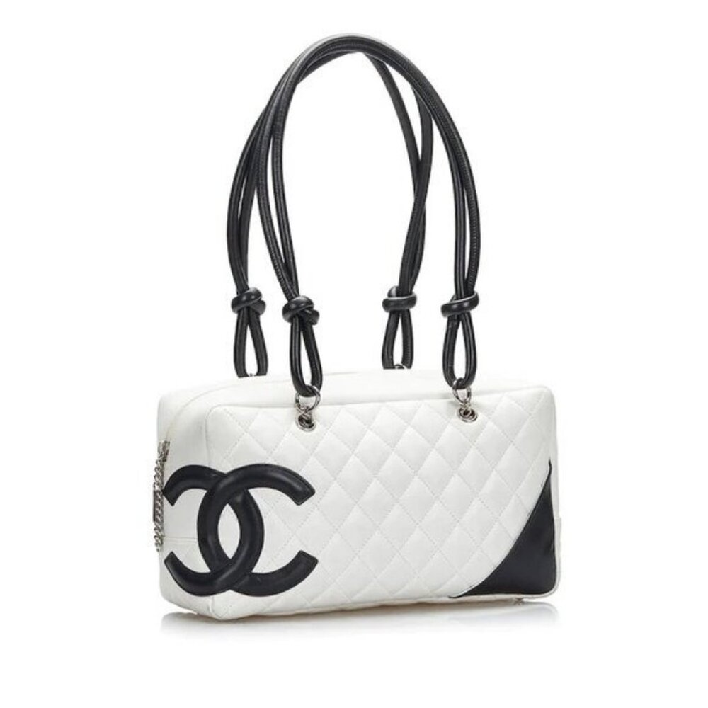 Authentic CHANEL Cambon Quilted Ligne Shoulder Bowling Bowler Bag Tote White